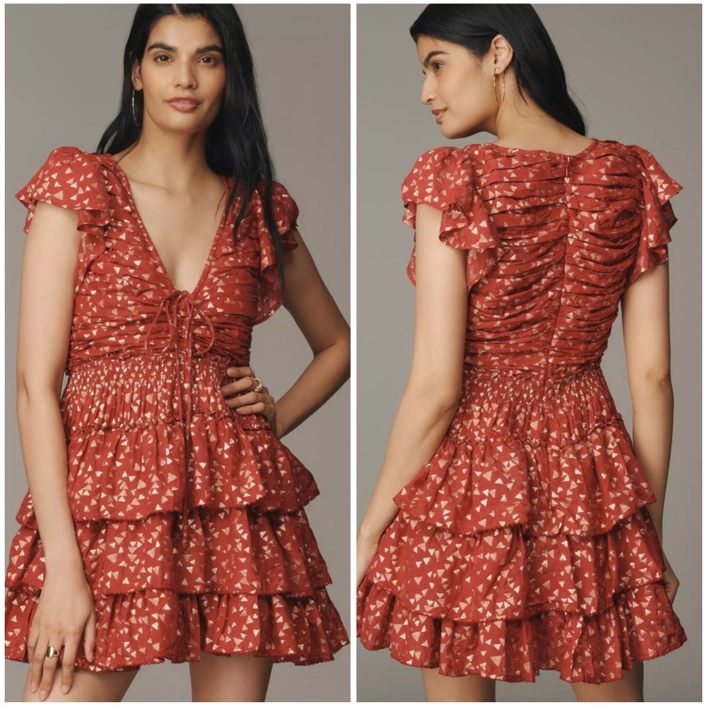 Anthropologie Garnett Ruffle Mini Dress NWT Short Sleeve Metallic Red